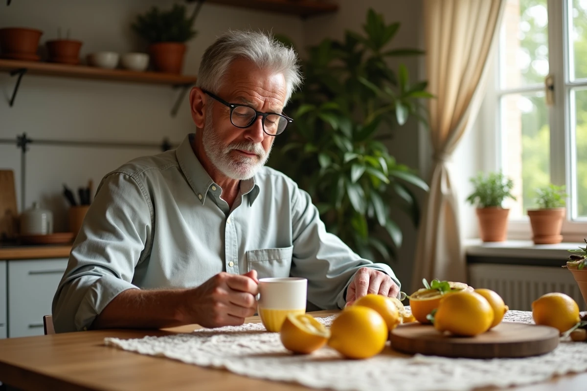 Homme buvant un remède maison au miel et citron dans la cuisine
