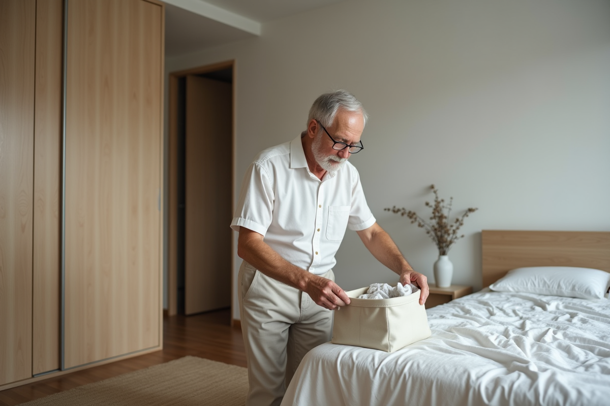 Homme âgé pliant des vêtements dans une chambre calme