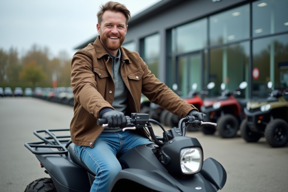 Homme souriant en quad dans un concessionnaire