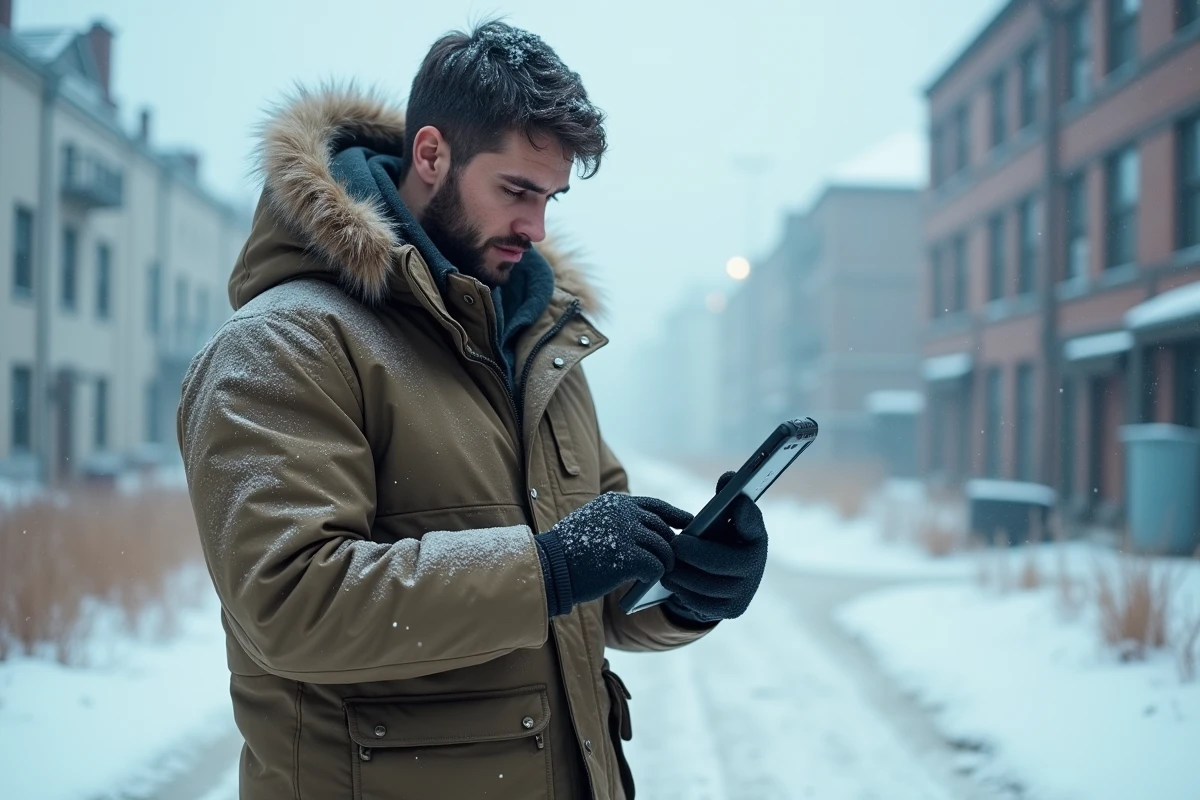 Jeune homme en parka examinant une carte numérique dans un environnement postapocalyptique enneige