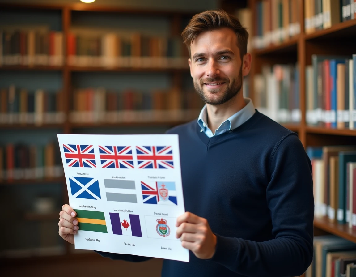 Homme tenant un tableau éducatif illustrant les différents drapeaux du Royaume-Uni dont ceux d'Angleterre, d'Écosse et du Pays de Galles