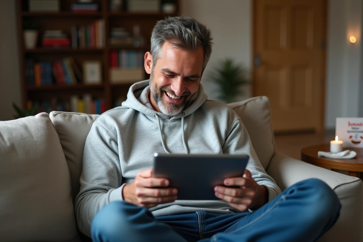 Homme souriant lisant un message d'anniversaire rigolo avec des smileys sur Facebook depuis sa tablette dans son salon
