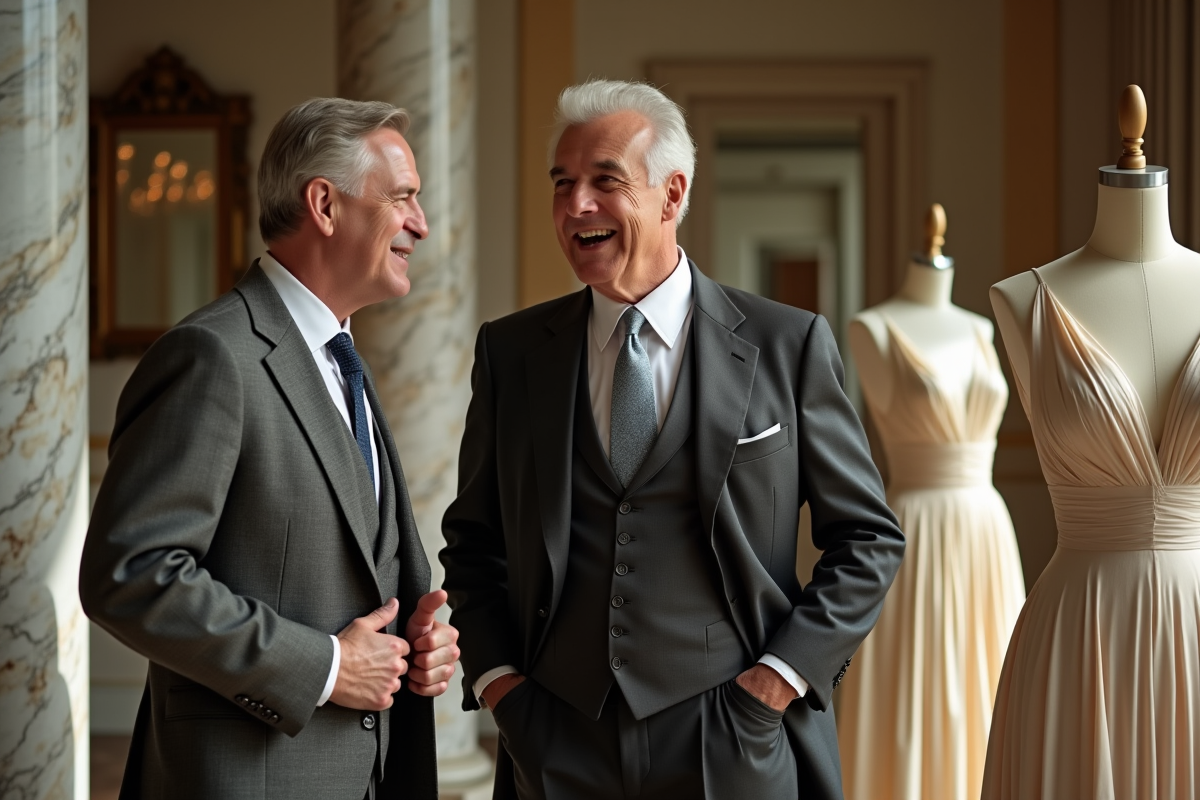 Deux hommes en costumes examinant une robe de soirée