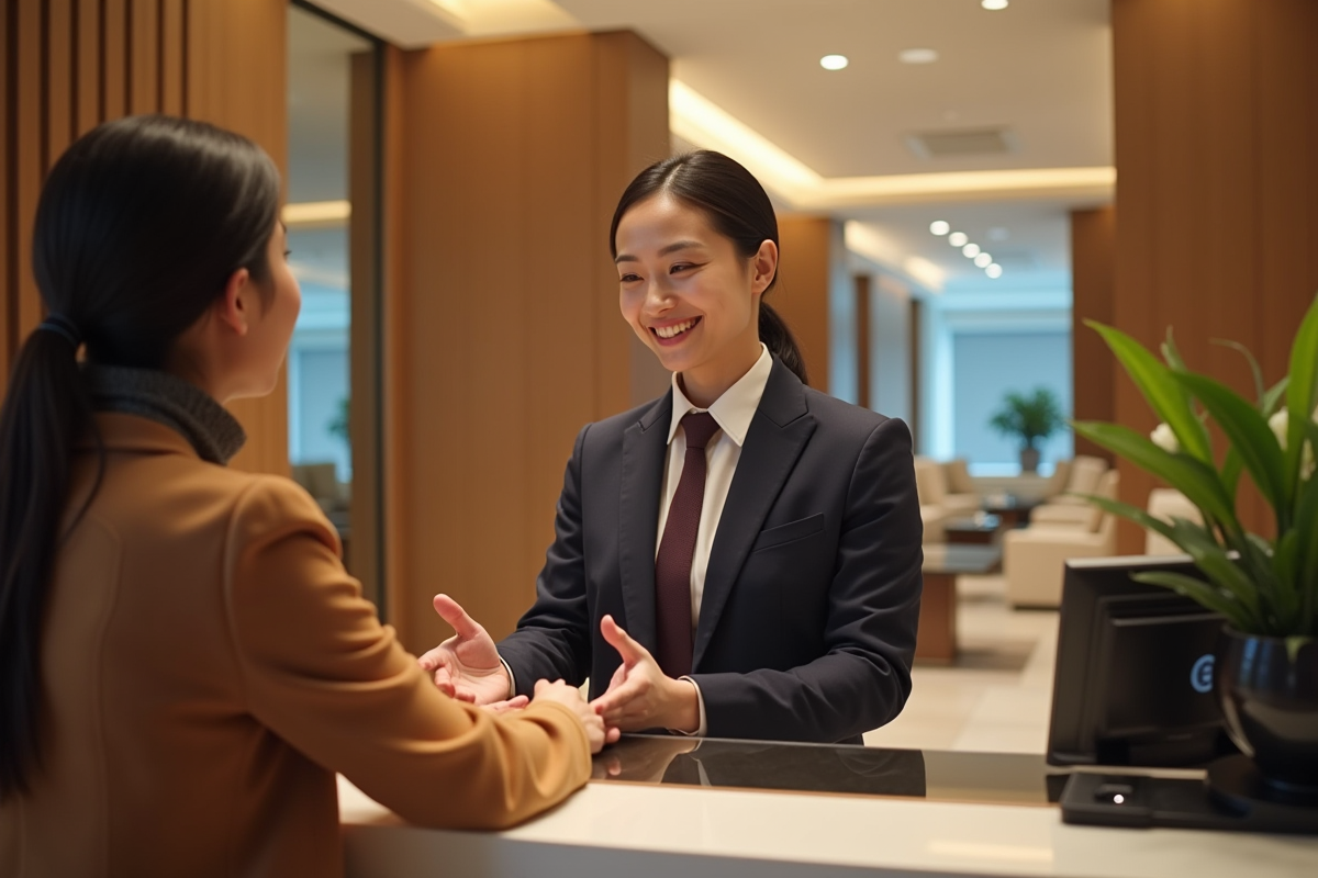 Concierge accueillant chaleureusement un client dans un lobby moderne