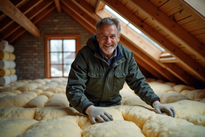 Homme installant des panneaux d'isolation dans un grenier ancien