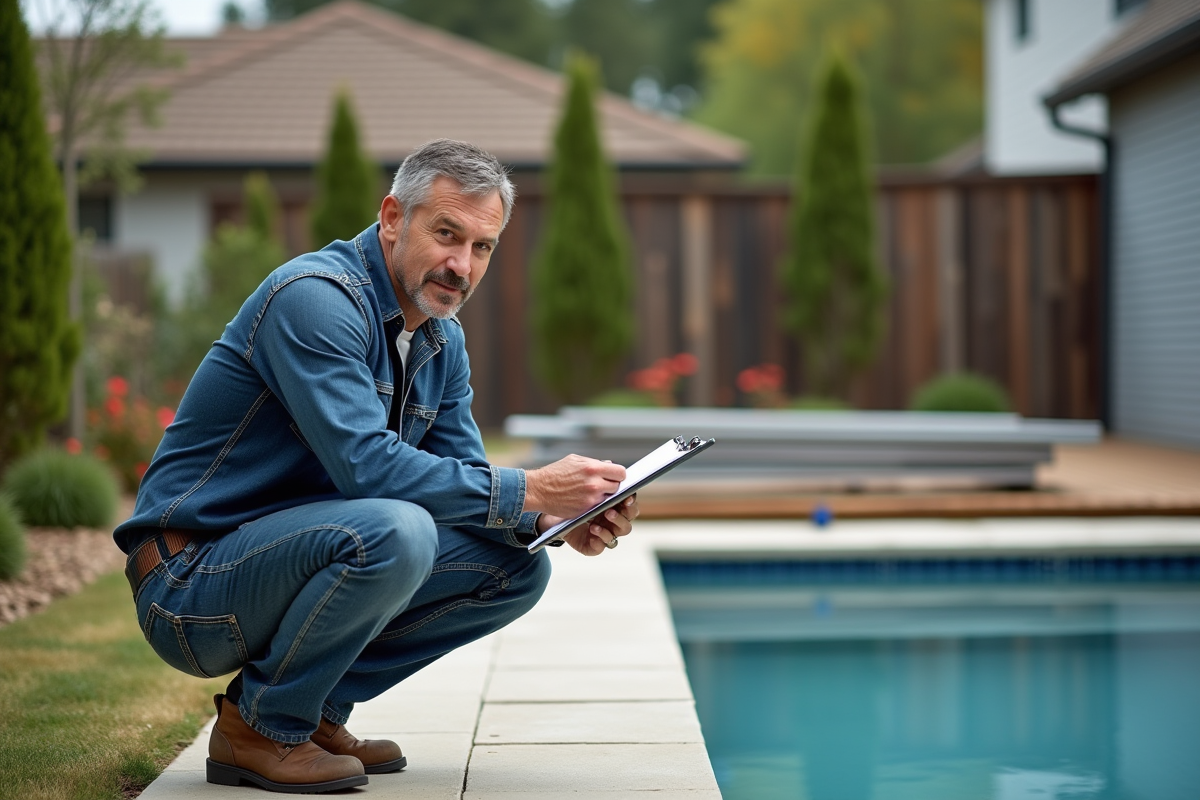 Homme vérifiant l'installation d'une piscine container dans un jardin