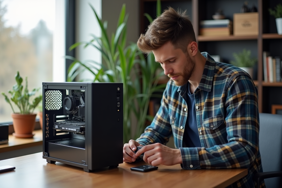 Jeune homme installant un SSD dans un bureau moderne