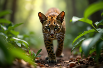 Jaguarundi marchant dans la foret sud americaine