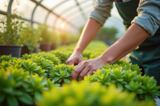 Jardinier heureux dans une serre lumineuse avec plantes vertes
