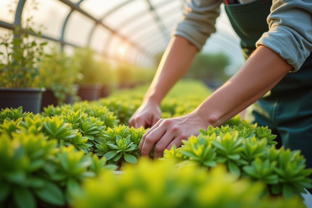 Jardinier heureux dans une serre lumineuse avec plantes vertes