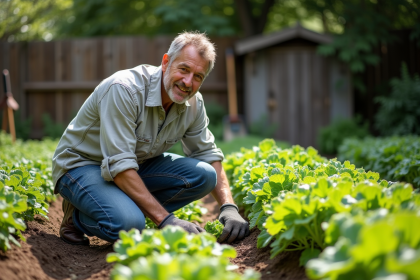 Homme moyenâgeux inspectant un système d'irrigation dans un jardin