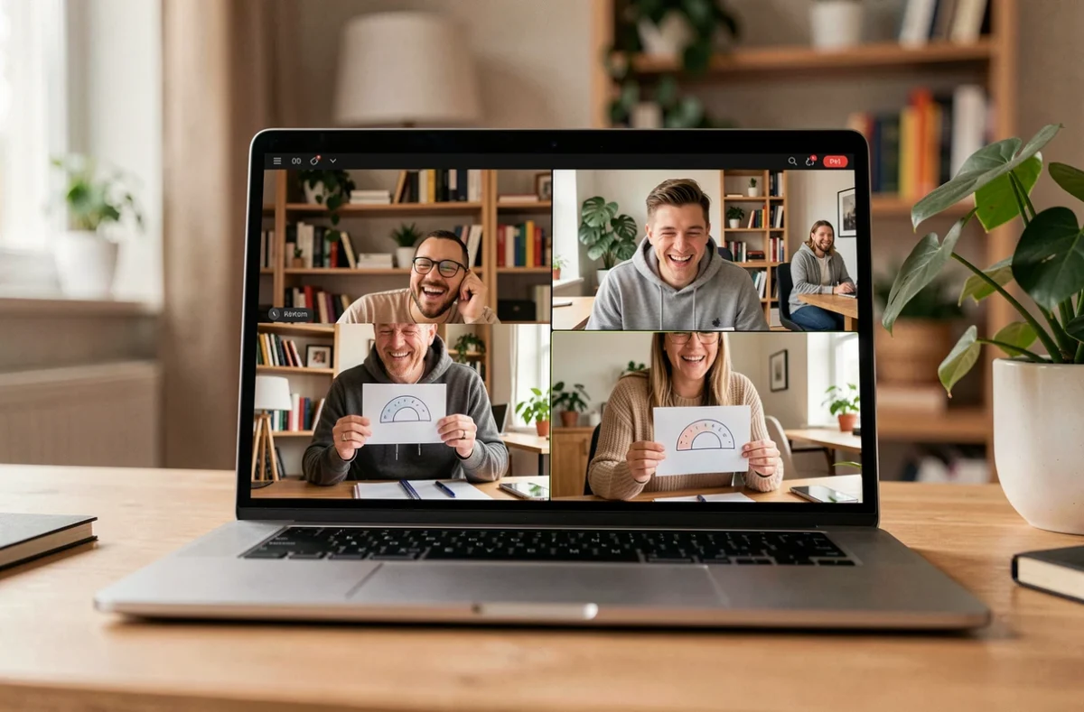 Groupe d'amis jouant au jeu du demi-cercle lors d'une soirée visio en ligne sur ordinateur portable