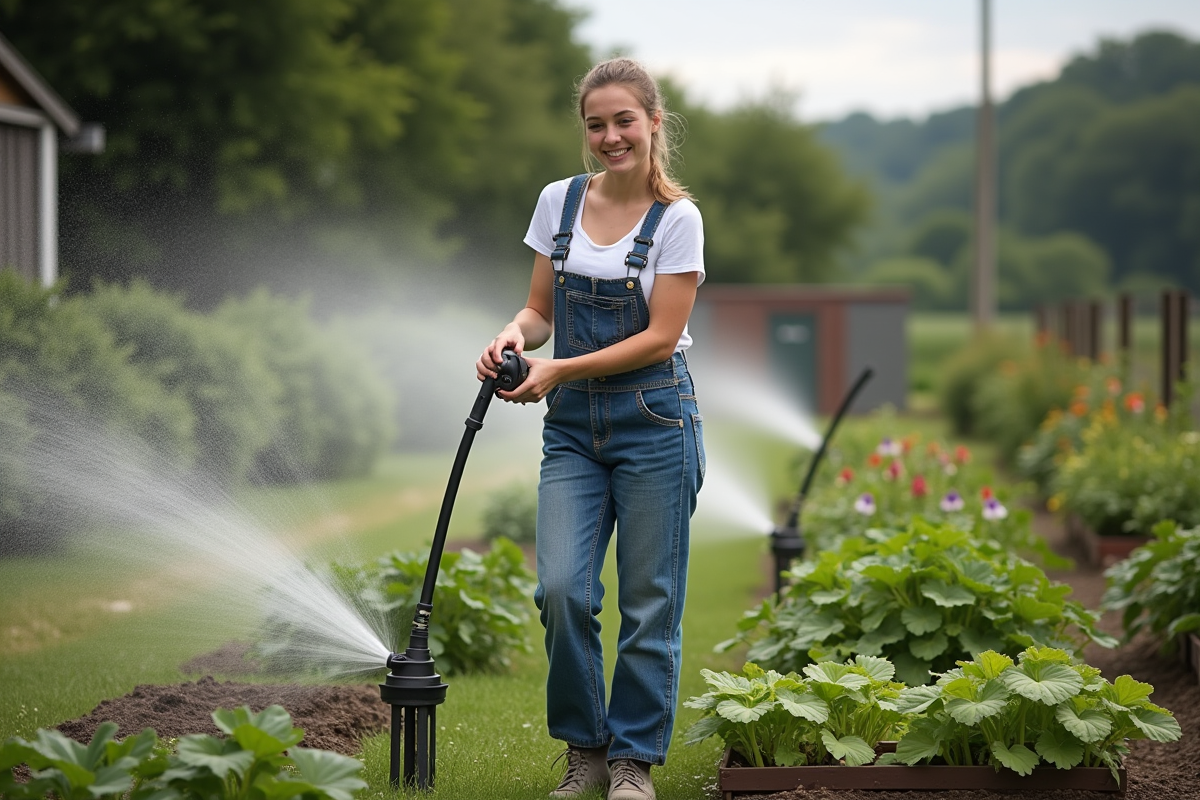 Jeune femme en overalls arrosant un jardin avec un arroseur