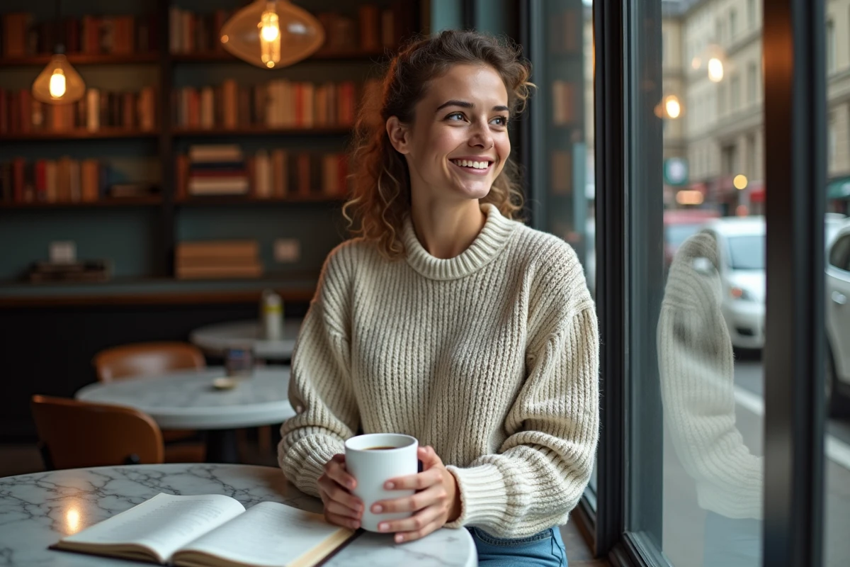Jeune femme souriante tenant un café dans un café cosy