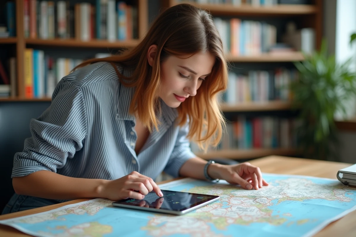 Jeune femme comparant une carte routière et un outil de conversion numérique pour convertir les kilomètres en miles