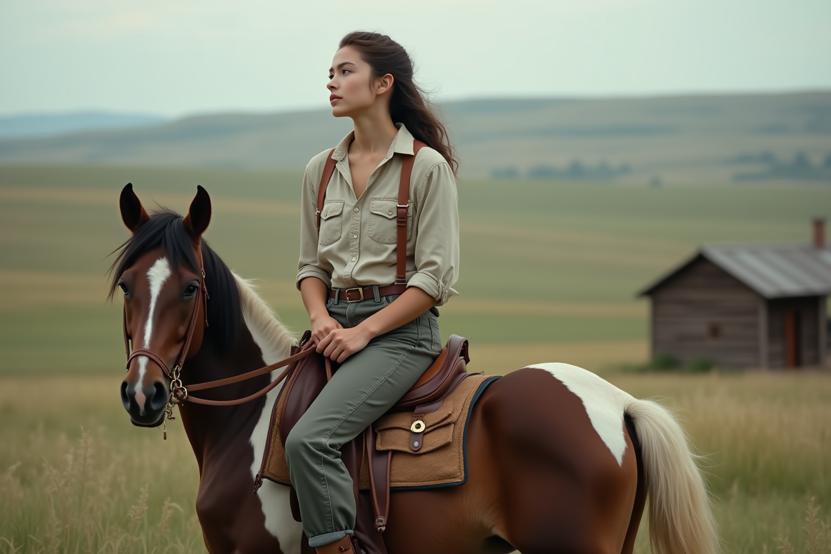 Jeune femme à cheval dans la prairie avec cabane rustique