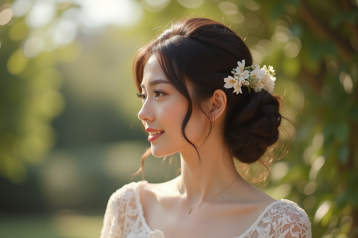 Jeune femme avec coiffure sophistiquée et accessoires floraux en extérieur
