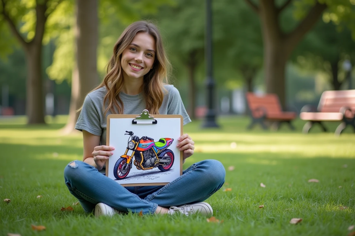 Jeune femme coloriant une moto en plein air dans un parc
