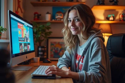 Jeune femme relaxant dans son bureau geek moderne