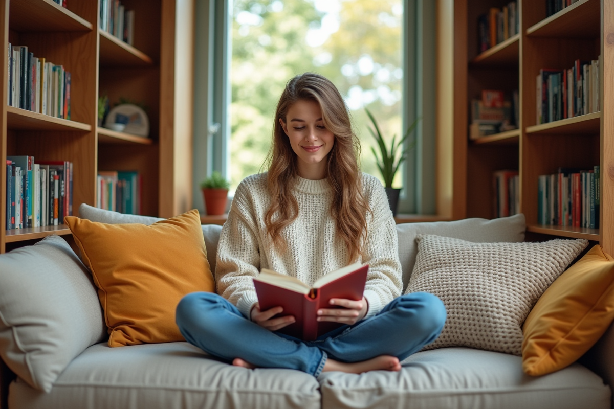 Jeune femme en pull crème dans une bibliothèque chaleureuse