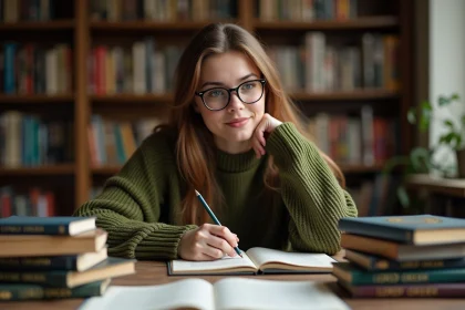 Jeune femme en sweater vert compare deux listes de livres Lord of the Rings