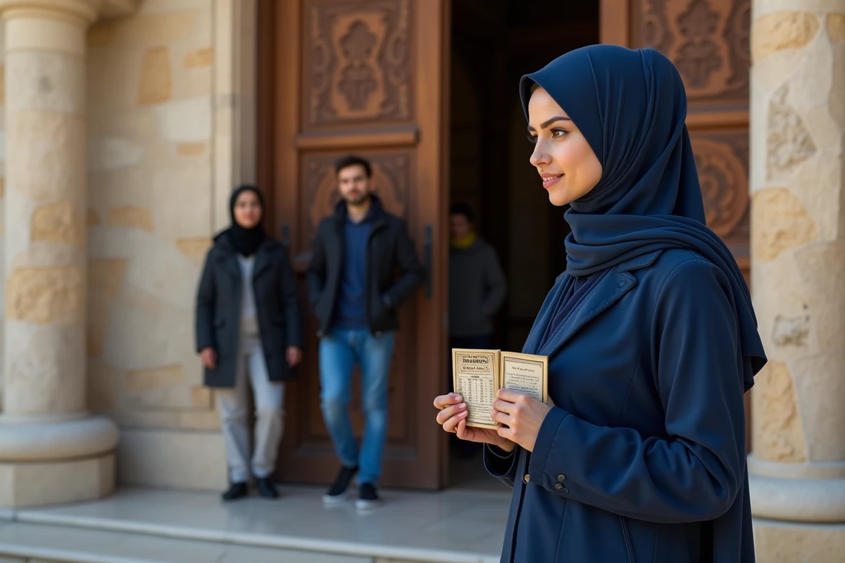 Jeune femme en hijab devant la mosquee de Narbonne