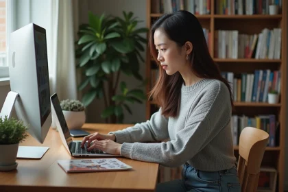 Jeune femme organisant ses mangas num&eacute;riques &agrave; son bureau