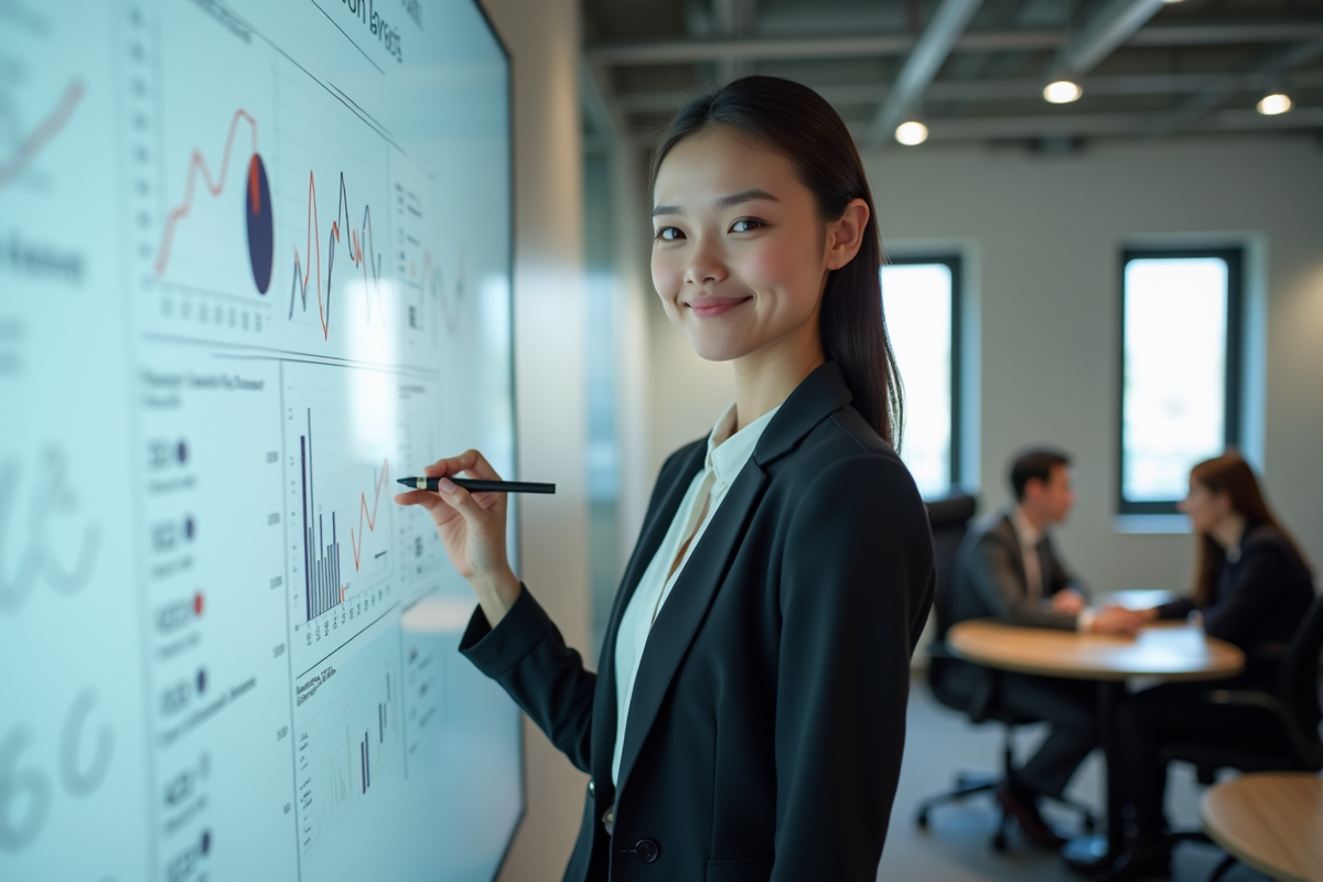 Jeune femme professionnelle devant un tableau blanc