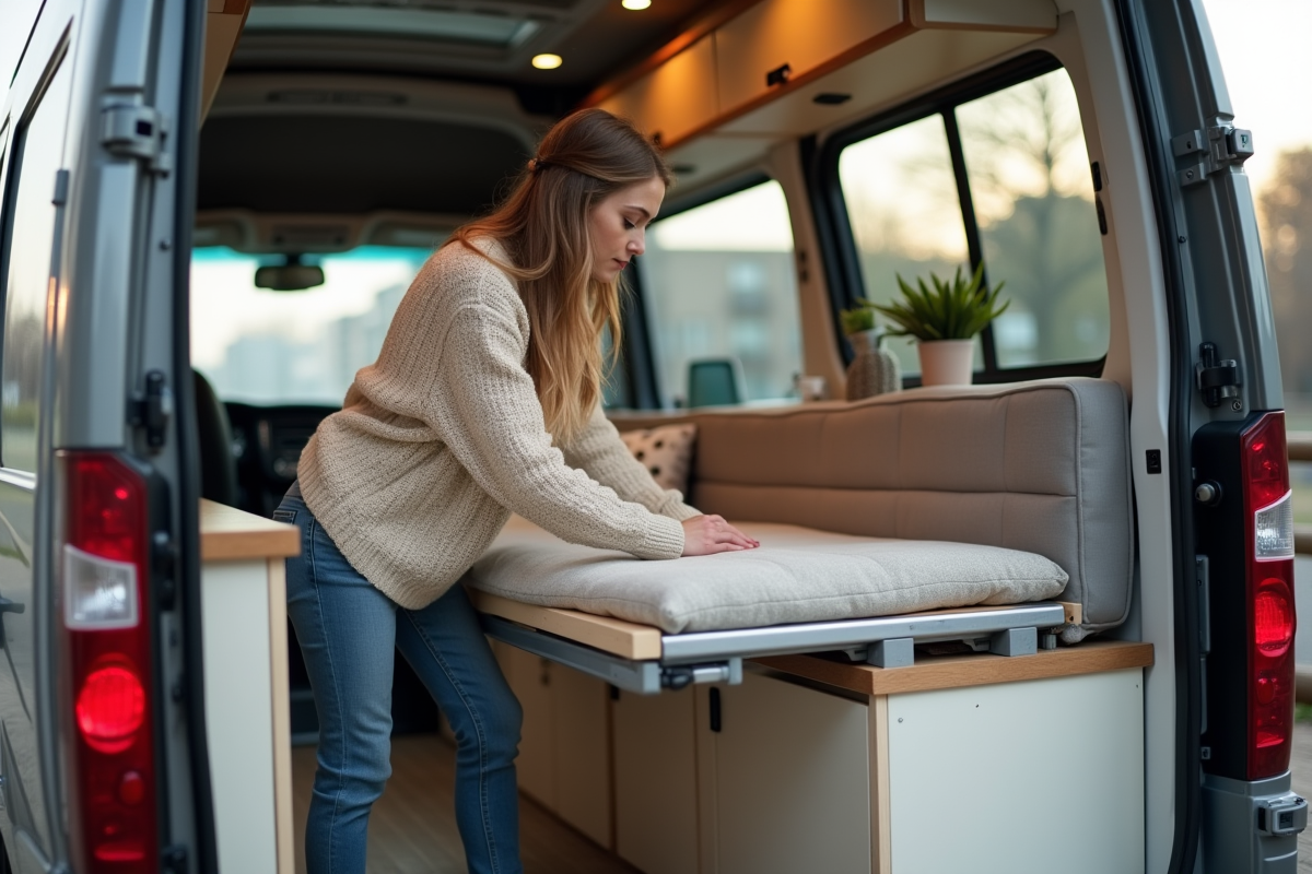 Jeune femme déployant un lit pliable dans un van urbain
