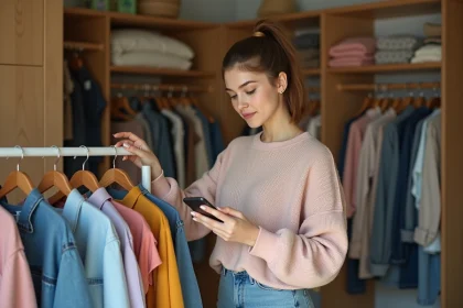 Jeune femme en sweater pastel et jeans vintage dans une chambre cosy