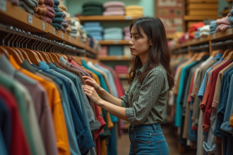 Jeune femme dans une friperie vintage en train de choisir des vêtements