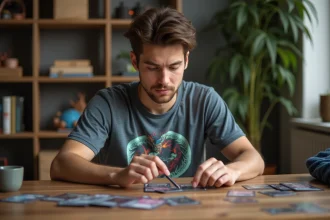Jeune homme arrangeant des cartes de collection dans un intérieur cosy