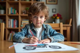 Jeune garçon de 8 ans coloriant une moto avec des crayons