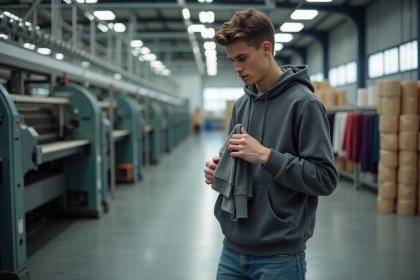 Jeune homme inspectant un vêtement dans une usine textile moderne