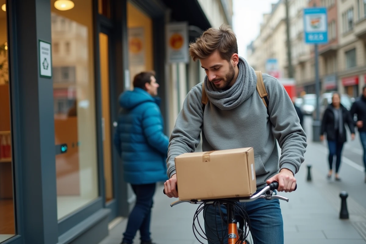 Jeune homme attachant un colis &agrave; son v&eacute;lo devant Mondial Relay
