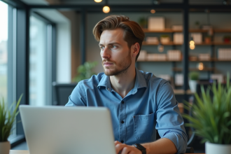 Jeune homme au bureau travaillant sur son ordinateur portable