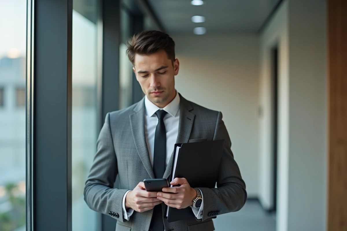 Jeune homme en costume dans un couloir moderne avec dossier