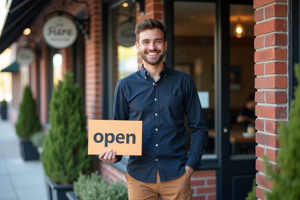 Jeune homme tenant un panneau ouvert devant un magasin