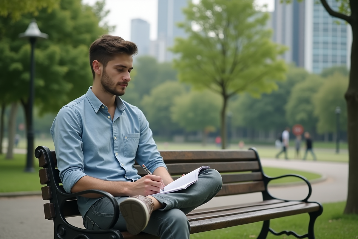 Jeune homme écrit dans un journal sur un banc dans un parc