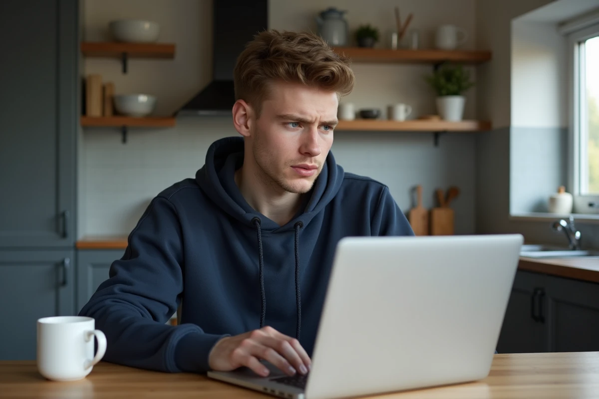 Jeune homme en hoodie regardant son ordinateur portable