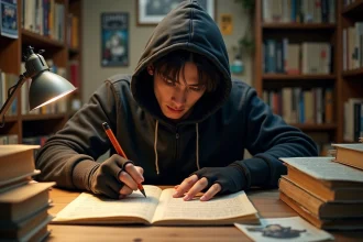 Jeune homme passionné de manga cheat system étudiant des volumes de manga à son bureau encombré dans une chambre japonaise