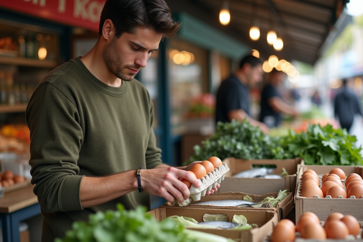 Jeune homme achetant des œufs dans un marché alimentaire