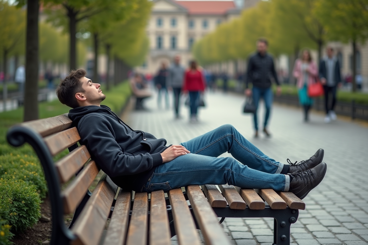 Jeune homme allongé sur un banc dans une place publique