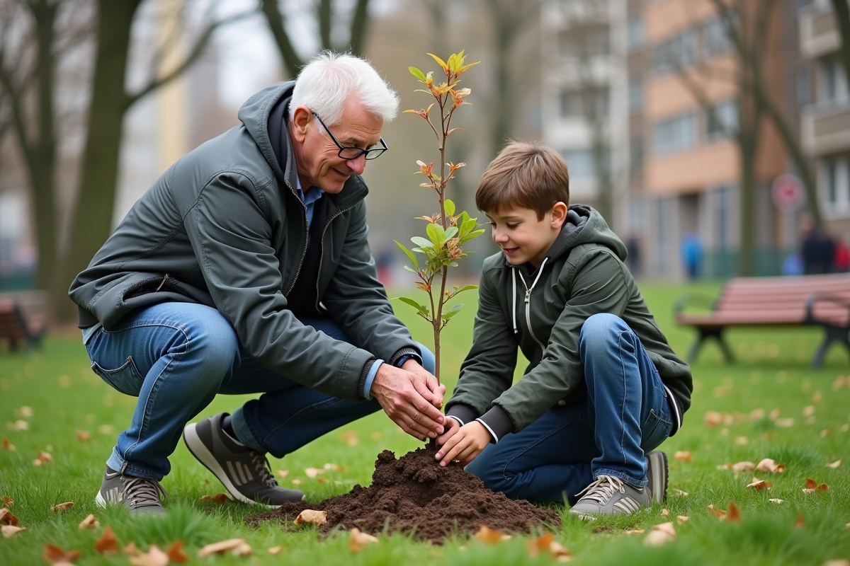 Jeune homme et adolescent plantant un arbre dans un parc