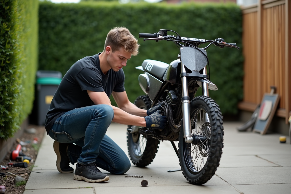 Jeune homme vérifiant la chaîne d'un pit bike en extérieur