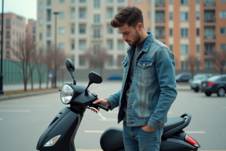Jeune homme regardant un scooter 50cc en ville