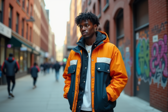 Jeune homme noir en streetwear colorblock dans la ville