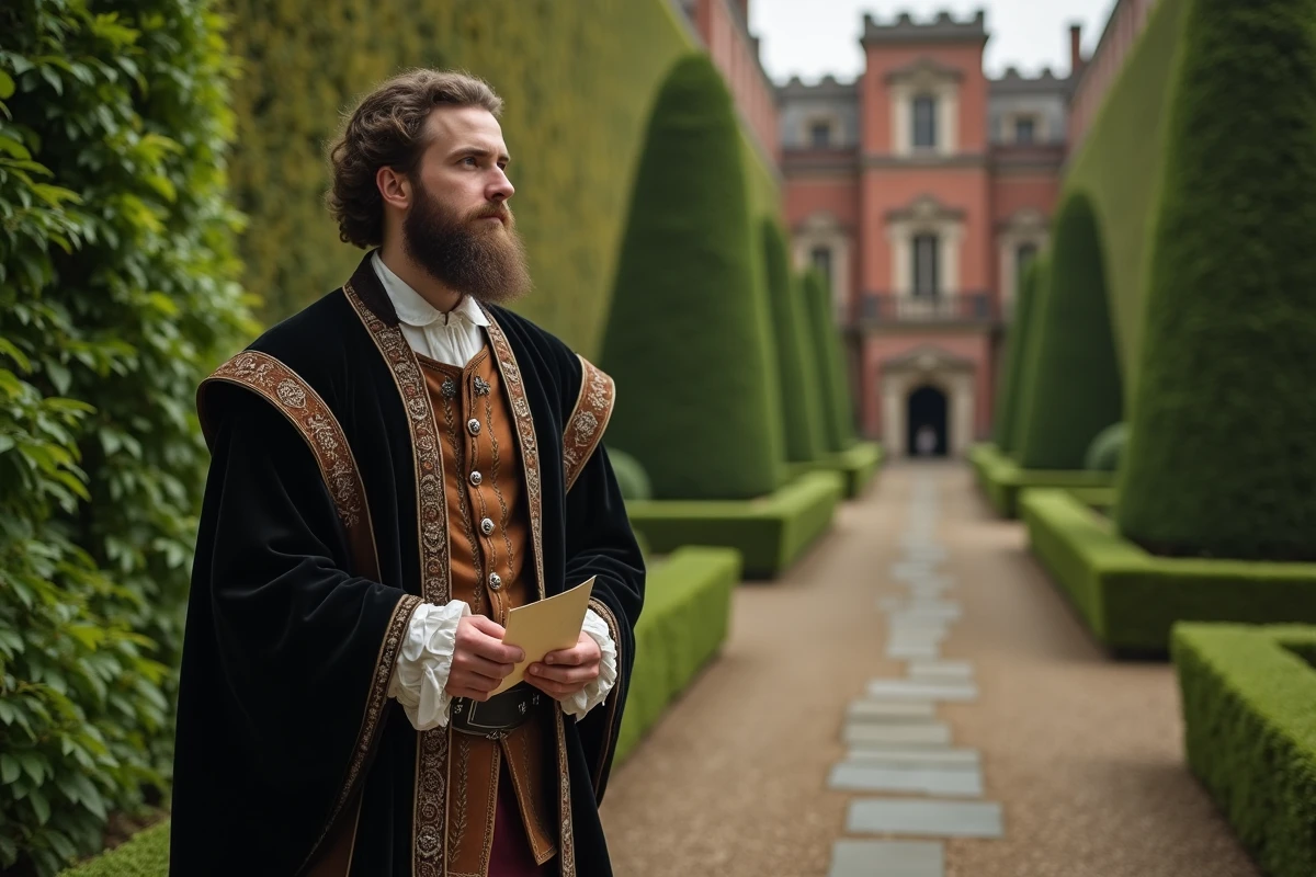 Jeune noble avec lettre dans un jardin Tudor