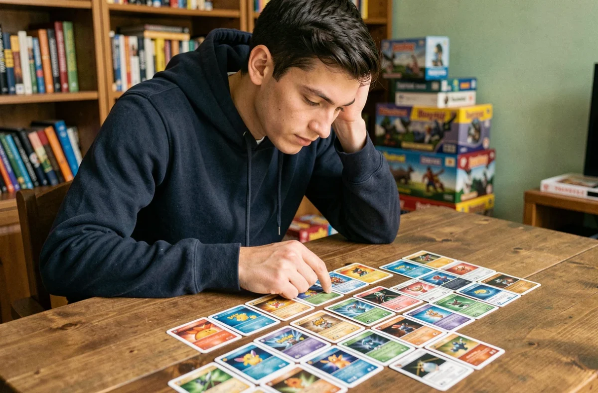 Joueur adulte analysant des decks Pokémon Pocket sur une table en bois dans un salon chaleureux