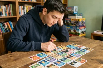 Joueur adulte analysant des decks Pokémon Pocket sur une table en bois dans un salon chaleureux